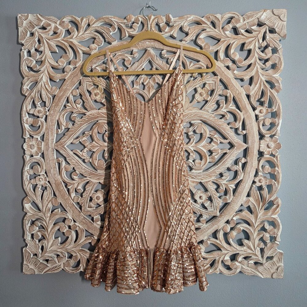 Goddiva Sequin rose gold mini dress small